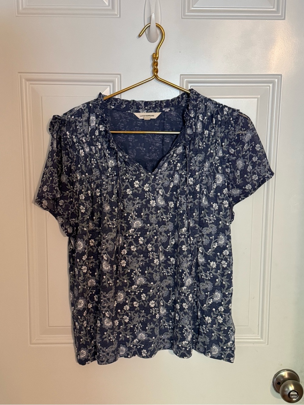 Lucky Brand Cottagecore Blue Floral Top Blouse Boho Shirt Sz Large